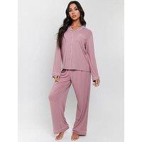 Loungeable Rib Long Sleeve Traditional Shirt And Long Pant - Hot Pink