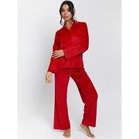 Loungeable Velour Rib Long Sleeved Traditional Pyjama Set - Red