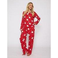 Loungeable Leopard Santa Button Shirt And Long Pant Christmas Pyjamas Set - Red