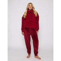 Loungeable Borg Removeable Snood Jumper & Luxury Fleece Jogger Lounge Set - Red