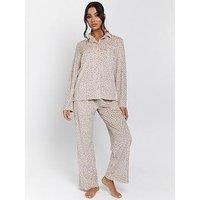 Loungeable Leopard Ribbed Long Sleeve Top And Trousers Pyjamas - Beige