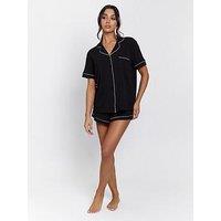 Loungeable Rib Short Sleeve Traditional Shirt And Shorts - Black