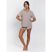 Loungeable Rib Short Sleeve Traditional Shirt And Shorts - Beige