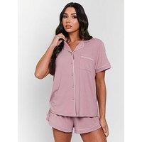 Loungeable Rib Short Sleeve Traditional Shirt And Shorts - Pink