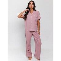 Loungeable Rib Short Sleeve Traditional Shirt And Long Pant Pyjama Set - Dusty - Pink