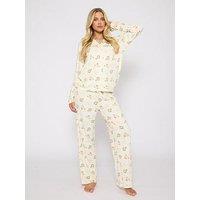 Loungeable Neutral Button Shirt And Long Pant Christmas Pyjama Set - Cream