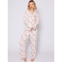 Loungeable Cherry Martini Long Sleeved Button Down Traditional Pyjama Set - White