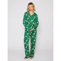 Loungeable Gingerbread Button Shirt And Long Pant Pyjama Set - Green