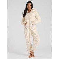 Loungeable Cable Cut Sherpa With Faux Fur Hood All In One - Cream