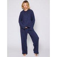 Loungeable Soft Knit Hooded Top And Trouser Lounge Set - Navy