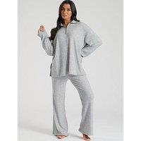 Loungeable Soft Knit 1/4 Zip Top And Trouser Lounge Set - Grey