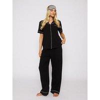 Loungeable Rib Short Sleeve Traditional Shirt And Long Pant Pyjamas Set - Black