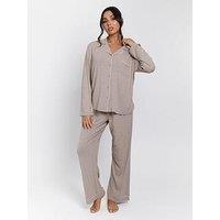 Loungeable Rib Long Sleeve Traditional Shirt And Long Pants - Oatmeal Marl - Beige