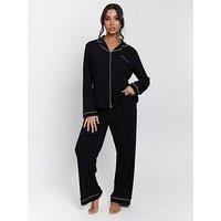 Loungeable Rib Long Sleeve Traditional Shirt And Long Pant Pyjama Set - Black