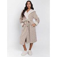 Loungeable Cable Cutwork Hooded Maxi Dressing Gown - Beige