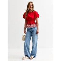 New Look Embroidered Trim Puff Sleeve Blouse - Red