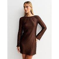 New Look Plisse Long Sleeve Tie Back Mini Dress - Brown