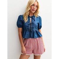 New Look Short Sleeve Tie Front Denim Top - Blue