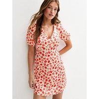 New Look Strawberry Print Tie Back Satin Mini Dress - White