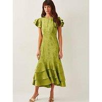 Monsoon Ester Satin Ruffle Midi Dress - Green