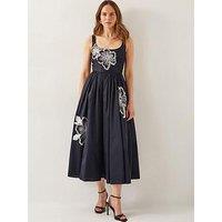 Monsoon Sophie Embroidered Fit & Flare Midi Dress - Black