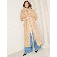 Michelle Keegan Funnel Neck Wrap Faux Fur Coat - Brown