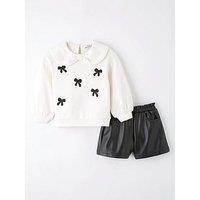 The Very Collection Girls Set - Collared Jumper With Embroidered Bows And Pu Shorts - Black/Cream