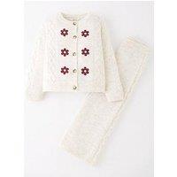 The Very Collection Girls Knitted Embroidered Cardigan With Knitted Wide Leg Trousers - Cream