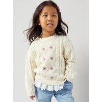 The Very Collection Girls Embroidered Floral Cable Knit Jumper With Lace Hem Trim - Cream