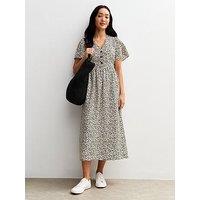 New Look Black Polka Dot Print Flutter Sleeve Midi Dress - Cream