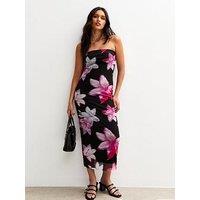 New Look Mesh Orchid Print Bandeau Midi Dress - Black
