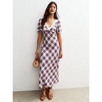 New Look Cream Check Pattern Lace Trimmed Midi Dress