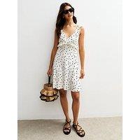 New Look White Polka Dot Print Frilly Trim Mini Dress