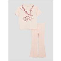 River Island Older Girls Heart T-Shirt & Flared Trousers Set - Pink