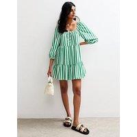 New Look Green Striped Tiered Smock Mini Dress