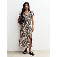 New Look Leopard Print Flutter Sleeve Midi Dress - Brown