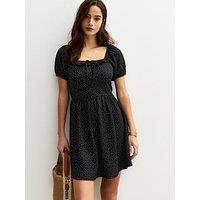 New Look Polly Polka Dot Textured Jersey Milkmaid Mini Dress - Black