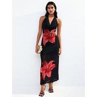 New Look Black Mesh Floral Print Cowl Halterneck Maxi Dress