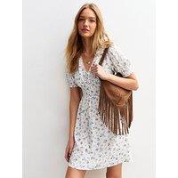 New Look Cream Floral Print Lace Trim Mini Dress