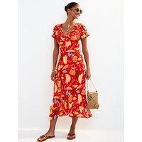 New Look Red Tropical Print Ruffle Trim Chiffon Midi Dress
