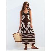New Look Brown Leaf Print Halter Neck Back Ring Midi Dress