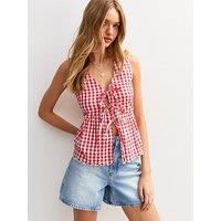 New Look Red Gingham Check Tie Front Top