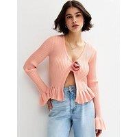 New Look Pink Rose Applique Ribbed Cardigan - Orange