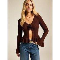 New Look Dark Brown Rose Applique Ribbed Cardigan