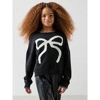 The Very Collection Girls Bow Knit Outfit With Pu Pants - Black
