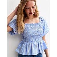 New Look Blue Striped Shirred Square Neck Top