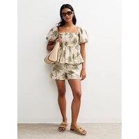 New Look Cream Palm Print Puff Sleeve Milkmaid Top