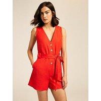 New Look V-Neck Belted Playsuit - Bright Red