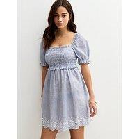 New Look Blue Pattern Striped Embroidered Puff Sleeve Mini Dress
