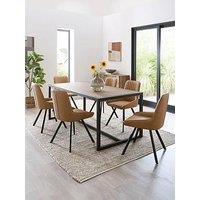 Very Home Harlem Mid Oak Dining Table And 6 Marlow Tan Faux Leather Chairs